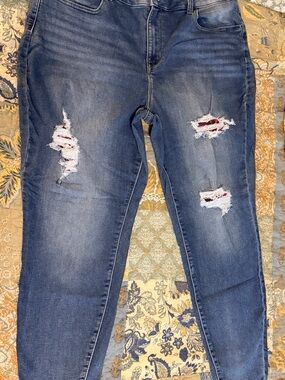 Maurices Blue Skinny Jeans with Red Plaid Underlay Rips